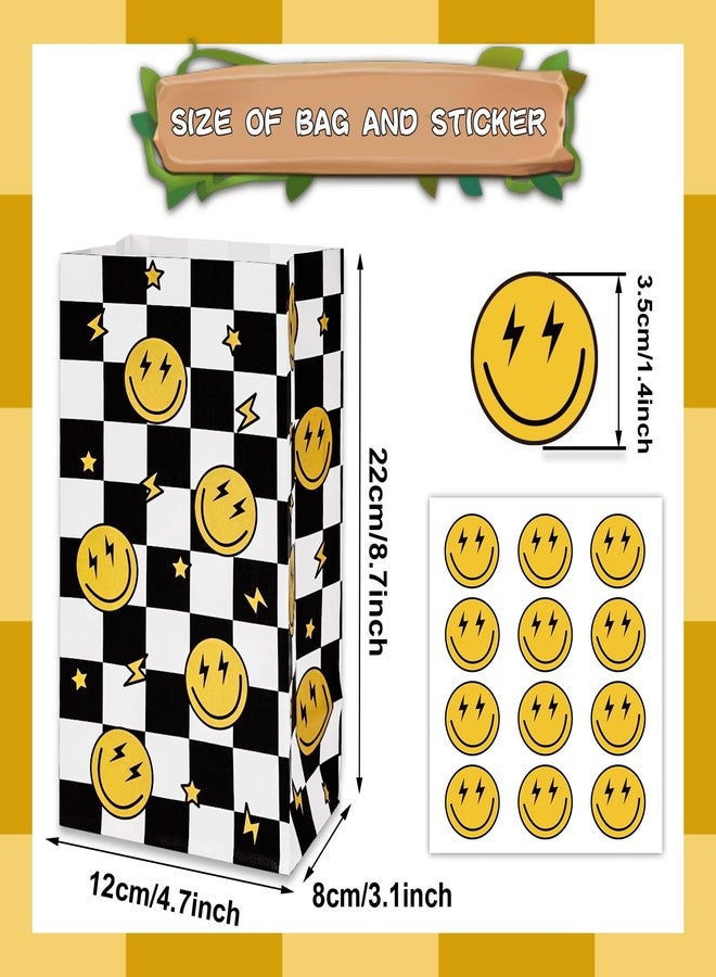 AnyDesign 24Pcs One Happy Dude Party Favor Bags - First Birthday Smile Face Paper Gift With Tag Sticker Decals - Checkered Goodie Treat for Baby Shower Birthday Party Supplies Gift Wrap - Image 2